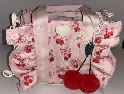 Betsey Johnson LBRUFFLE Canvas Bag Purse Pink Red Cherries Ruffles