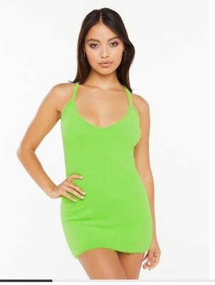 Savage X Fenty Fluff It Up Slip Lime Green Fuzzy Mini Dress XS