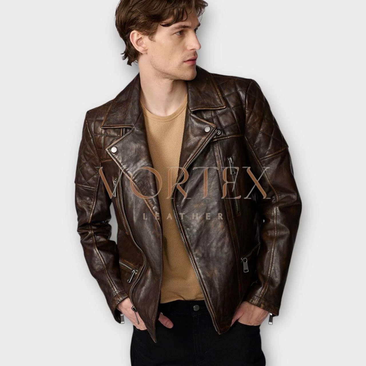 Men's Brown Military Style Leather Jacket in Genuine Cowhide Leather Slim Jacket