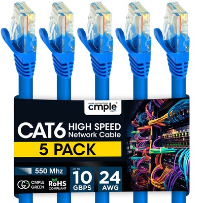 5 Pack Cat6 Patch Cable 1.5-15ft LAN Ethernet Cord for Gaming/Streaming Blue