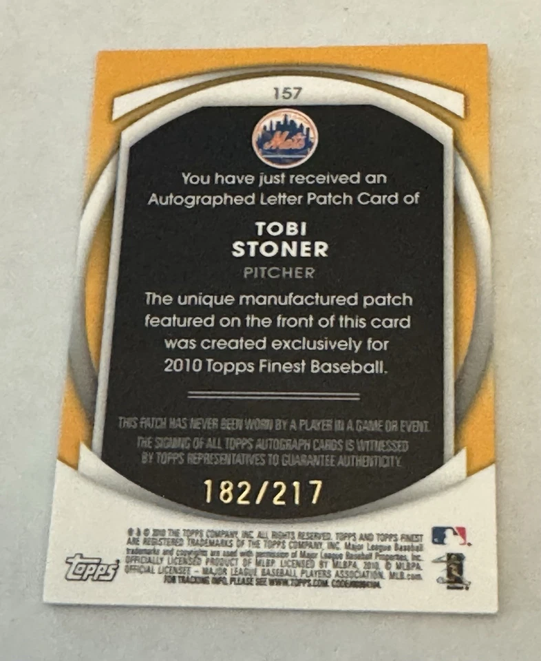 Tobi Stoner 2010 Topps Finest Auto Letter R Patch Rookie Card /217 New York Mets - Image 4 of 4