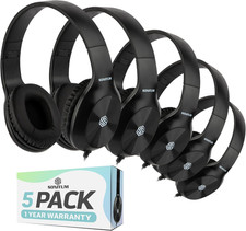 Kids Headphones, 5-Pack, On-Ear, 3.5Mm Wired, Adjustable, Cushioned, Black