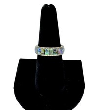 Vintage Abalone Inlay Silver Size 8 1/4 Band Ring Multicolored, Unbranded