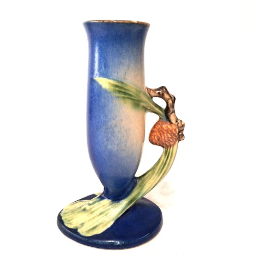 Roseville Pottery Pinecone Vase Blue & Cream Arts Crafts Handle #712
