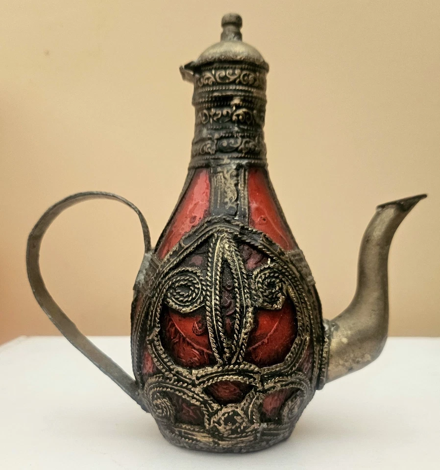 Vintage Red Cruet Bottle With Ornate Aluminum Holder - Image 3 of 4