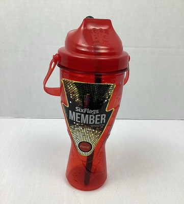 Six Flags Member Red Tumbler Cup Flex Straw Souvenir Refillable with Handle