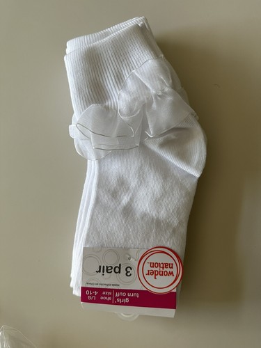 NEW Girls Ruffle Socks 3 Pack White Wonder Nation L 4-10 Bobbi Frilly Ruffle