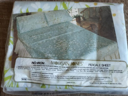 Vtg MORGAN JONES Percale Double Size FITTED & FLAT Sheets Lt Blue/Daisies UNUSED - Picture 3 of 5