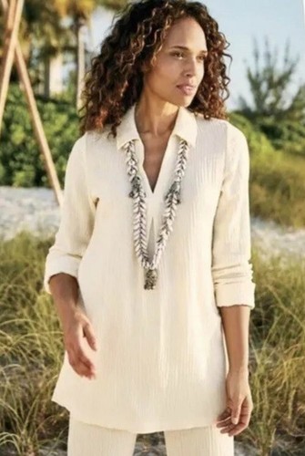 Soft Surroundings Key Biscayne Gauze Tunic Top Long Sleeves Ivory XS NWT