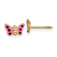 14k Yellow Gold Pink Enameled Butterfly Stud Earrings 0.24gm L-5mm, W-7mm