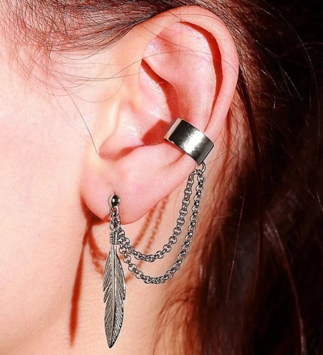 Punk Asymmetric Rock Rivets Chain Tassel Dangle Ear Stud Cuff Wrap Earrings  P29 | eBay