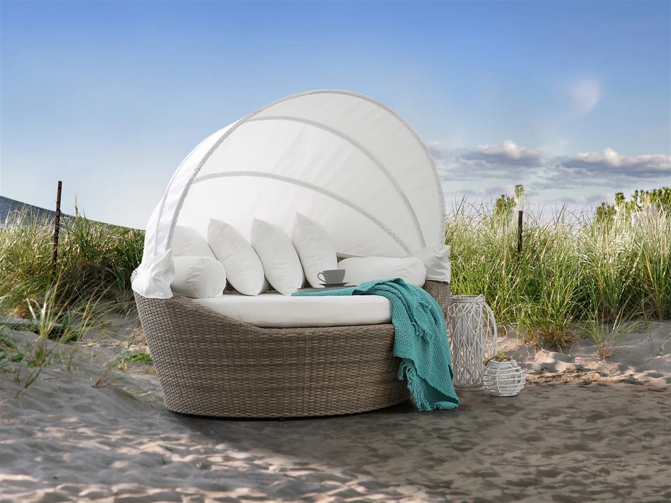 Designer Rattan Strandkorb Sonneninsel Strandmuschel Gartenliege braun weiss - Bild 1 von 4