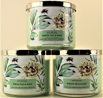 QTY 3 Bath & Body Works White Barn WHITE TEA & SAGE 3 Wick 14.5Oz Scented Candle