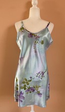 Vintage Secret Treasures Blue Floral Print Poly Lace Bow Lingerie Chemise M