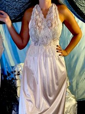 VTG Silky Nylon Pink Peignoir NIGHTGOWN Robe Halter Negligee Set Couette LACE L