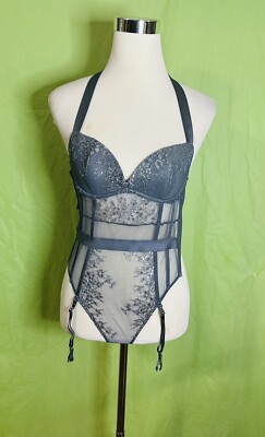 Victoria Secret Size 32C Grey Silver Embellishment Halter Garter Strap Teddy NWT