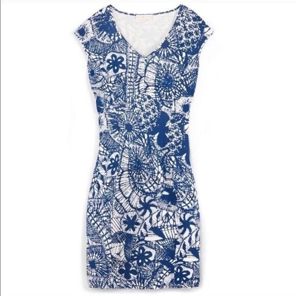 Abito Tory Burch blu Mar Baltico stampa acchiappasogni cappuccio manica scollo V ginocchio S