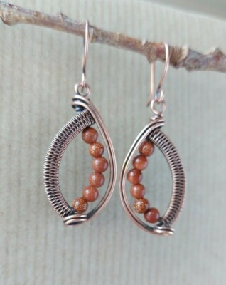 Oxidised Copper and Brown Gold Sand Beads Wire-work Dangle
