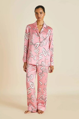 NEW WITH BOX OLIVIA VON HALLE LILA AILEAS PINK BOW SILK SATIN PAJAMAS Set L