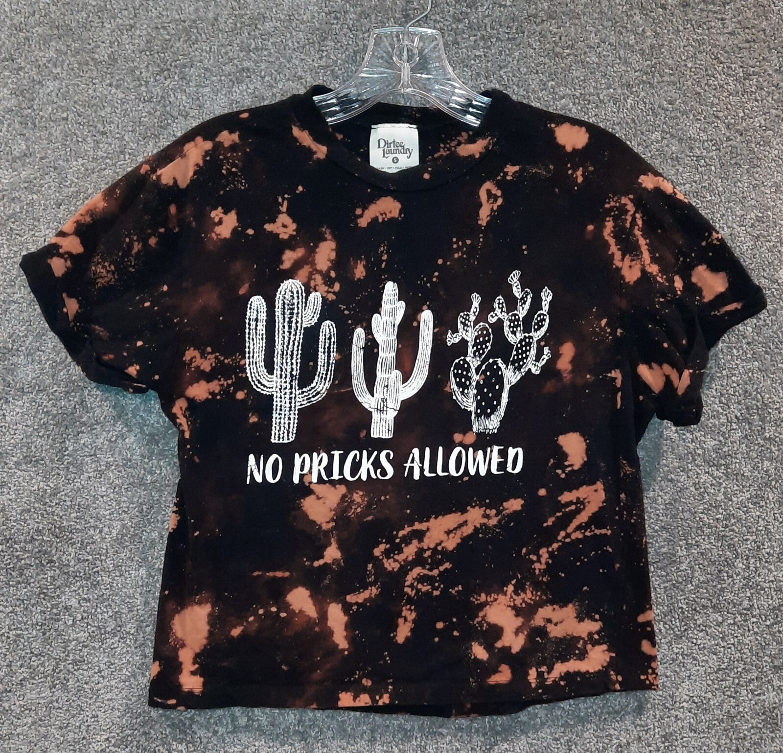 Dirtee Laundry Women's Crop Shirt Black Bleach Dye "NoPricks Allowed" S Preowned