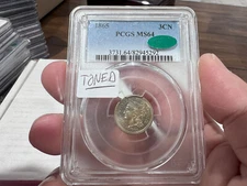 1865 3 cent nickel PCGS MS64 CAC Beautifully Toned (CJJ)