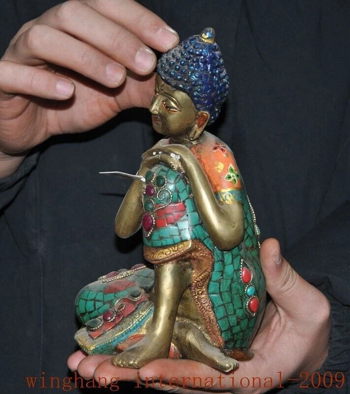 8" Budismo Tibetano Cobre Dorado Incrustación Turquesa Gema Dormitorio Buda Estatua Foto 2 de 4
