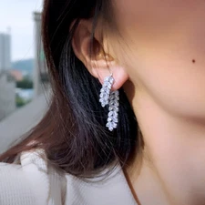 Silver Plated Double Side Leaf Drop Earrings Cubic Zirconia Lady Fashion Jewelry