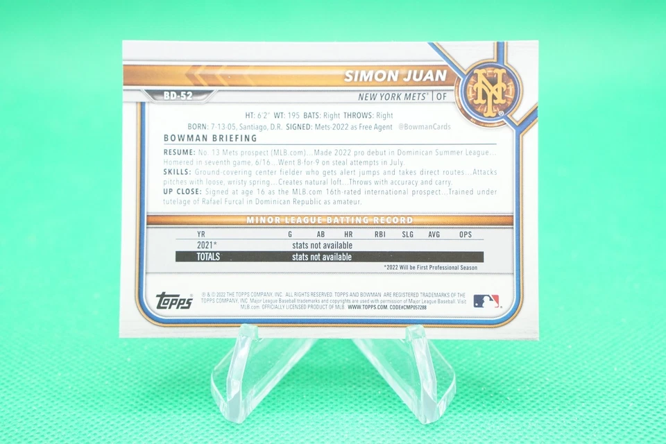 2022 Bowman Draft Base Sky Blue SP /499 #BD-52 Simon Juan New York Mets LPN - Image 2 of 2