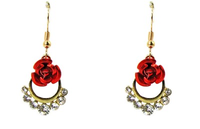 Red Rose Earrings with Clear Crystals In a Gold Plated Vintage Setting - NEW