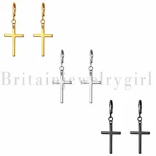 2-6pcs Stainless Steel Cross Drop Dangle Hoop Huggie Hinged Earrings Men Women