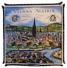 VIENNA AUSTRIA METAL  FRAMED COLOR CAPITAL SKETCH SOUVENIR TILE TRIVET - 7 3/4"