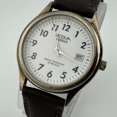 ACQUA by Timex Indiglo Quartz Watch Men 30m Gold Tone Date Leather New Battery