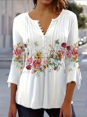 Floral Print Notched Neck Blouse, Casual Button Front Blouse For Spring & Summer