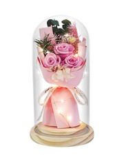Gift for Mom Preserved Flowers Rose Bouquet In Glass Pink Flower Jewelry Decor
