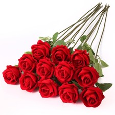 12PCS Realistic Full-Bloom Red Silk Roses   Long Stem Artificial Rose Bouquet...