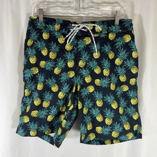 New St John's Bay Swim Trunks Men;s Medium Blue Pineapple Pull On Drawstring