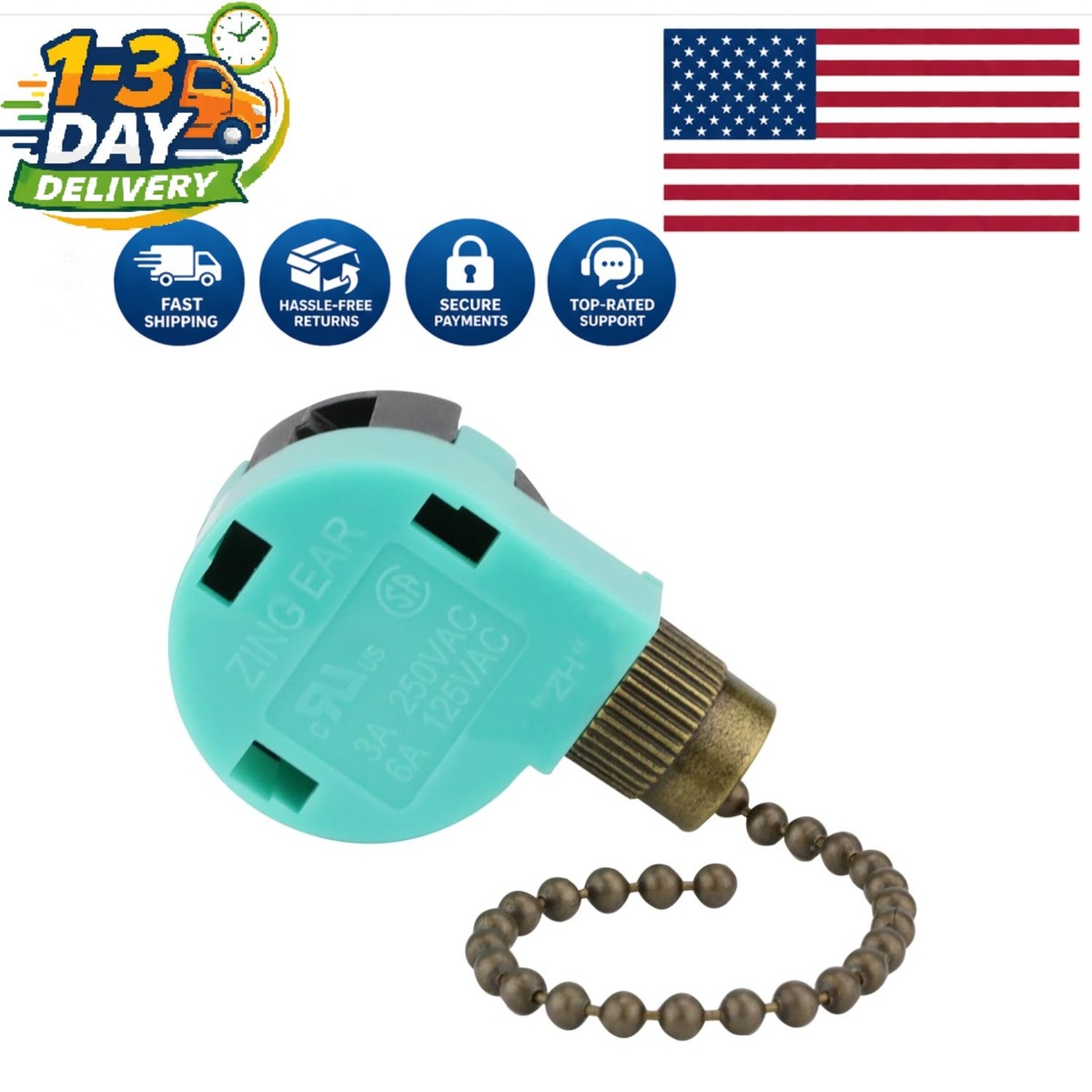 Ceiling Fan Switch 3 Speed 4 Wire Zing Ear ZE-268S6 Pull Chain