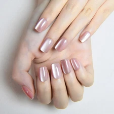 evpct Nude Pink Cat Eye Extra Short Square Press on Nails, Petite Short Squar...