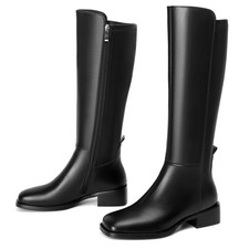 vivianly Black Knee-High Boots, Faux Leather Elastic Boots Low Heel Square...