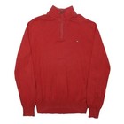 TOMMY HILFIGER Pull-over Homme Rouge Uni Col 1/4 Zip Maille En Coton XS