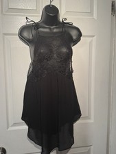 Victoria's Secret Black Lace Chiffon Tie Shoulders Babydoll Nightgown Medium