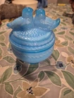 Vintage Blue Milk Glass Love Birds On Nest Candy Dish Bowl
