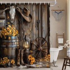 Western Cowboy Shower Curtain with Farmhouse Barn Door, Southwest Country Ranch