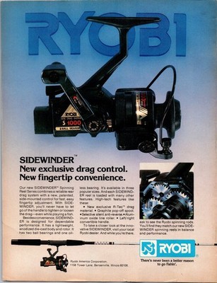 RYOBI SIDWINDER S-1000 Spinning Reel Vintage Original Print 1980s Fishing Ad