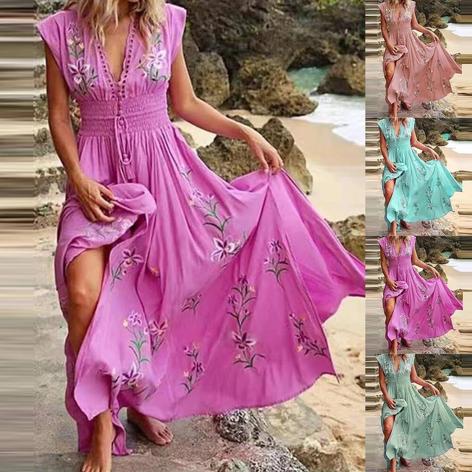 Women's Summer Boho Sexy Floral Print Off the Shoulder Long Maxi Beach Dress
