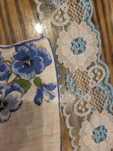 Lot of 6 Vintage Hankies Crocheted Edges, 2 Silk Scarves, Lace Blue And White - Picture 10 of 24