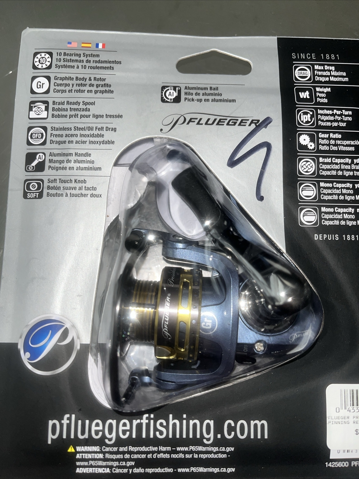 Pflueger President PRESSP35 Spinning Fishing Reel 5.2:1 10 BB Blue Gold