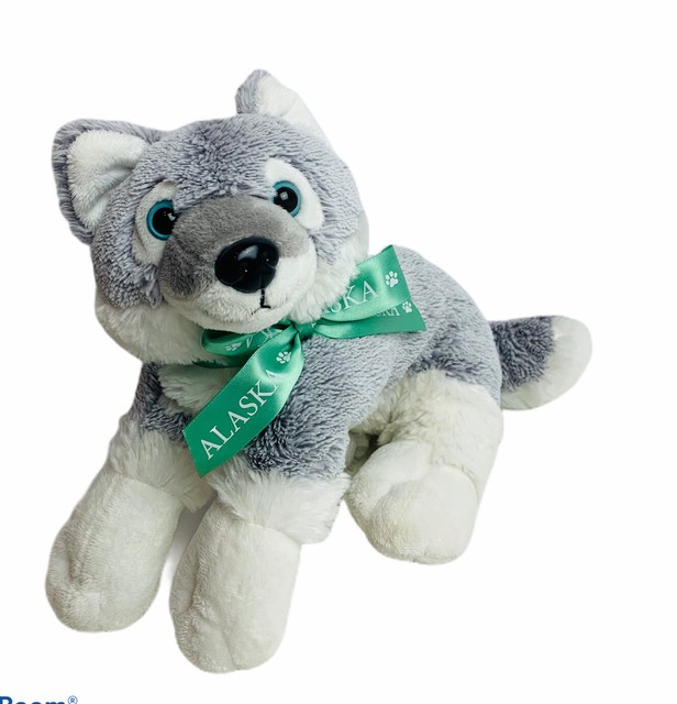 grey and white stuffed dog