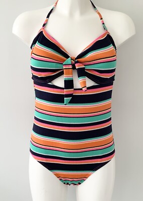 NEW Matalan Navy Orange Green Multi Stripe Swimsuit UK 12