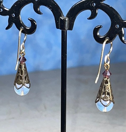 Vintage 1930’s Faux Opal & Bronze Gold Threader Drop Earrings - Mint Condition - Picture 7 of 11